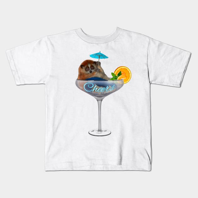 Slow loris. Cheers! Fat and funny is sitting in a cocktail glass with cocktail umbrella Kids T-Shirt by SafSafStore